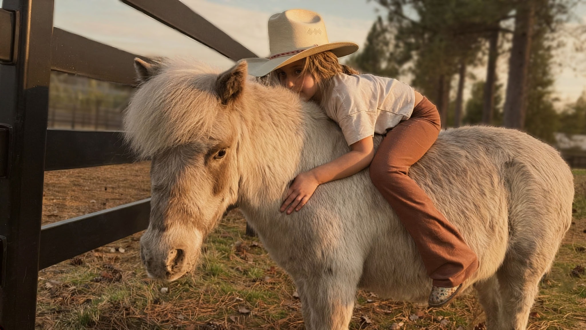 Young girl hugging a miniature horse — equine portrait session at Tribal Cowboy, North Idaho