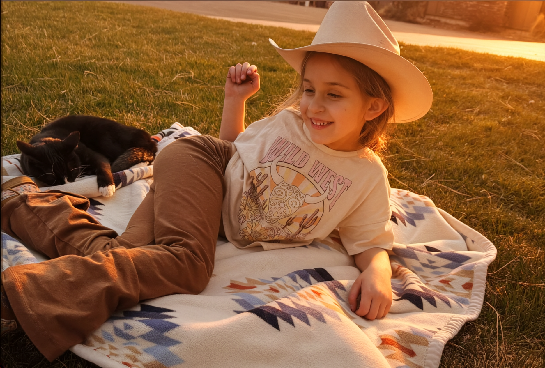 Girl in cowboy hat with Aztec blanket at golden hour — outdoor portrait session, North Idaho