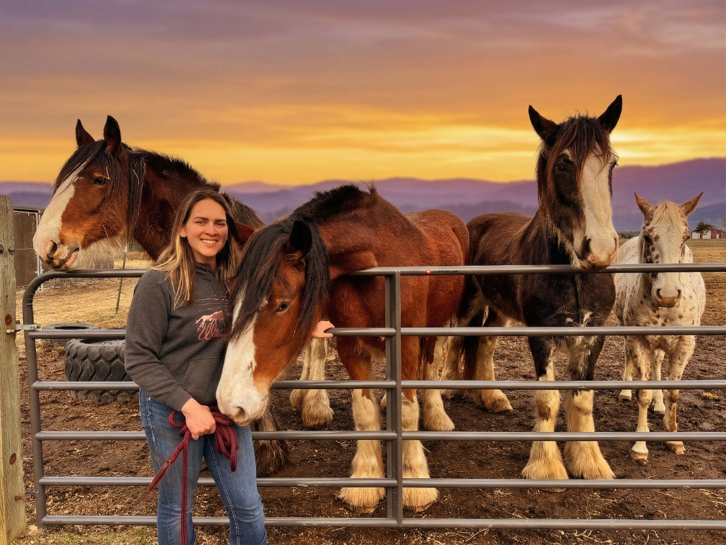Clydesdale herd at sunset — hire horses for photo shoots, North Idaho