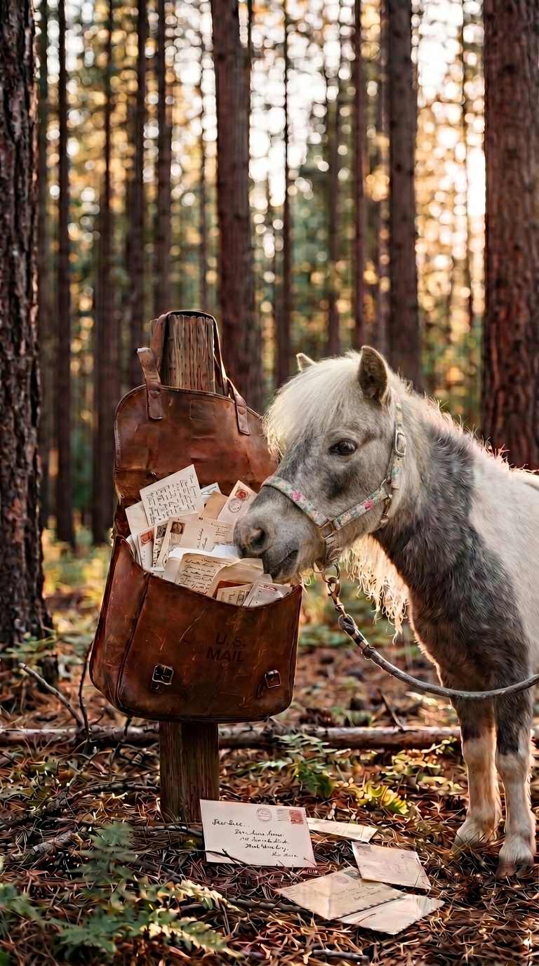 Miniature horse nuzzling a U.S. Mail leather satchel filled with letters in a pine forest — the Pony Express Post program