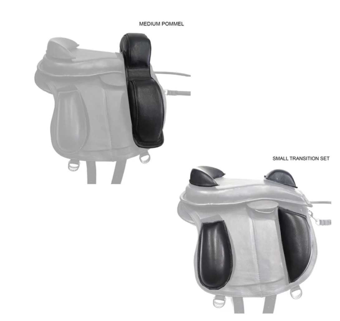 Transition saddle set — smaller pommel and thigh blocks for kids who need less support